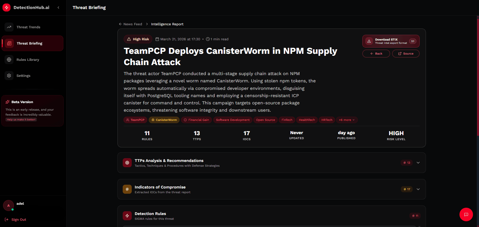 Expanded threat briefing with sections and actionable detail